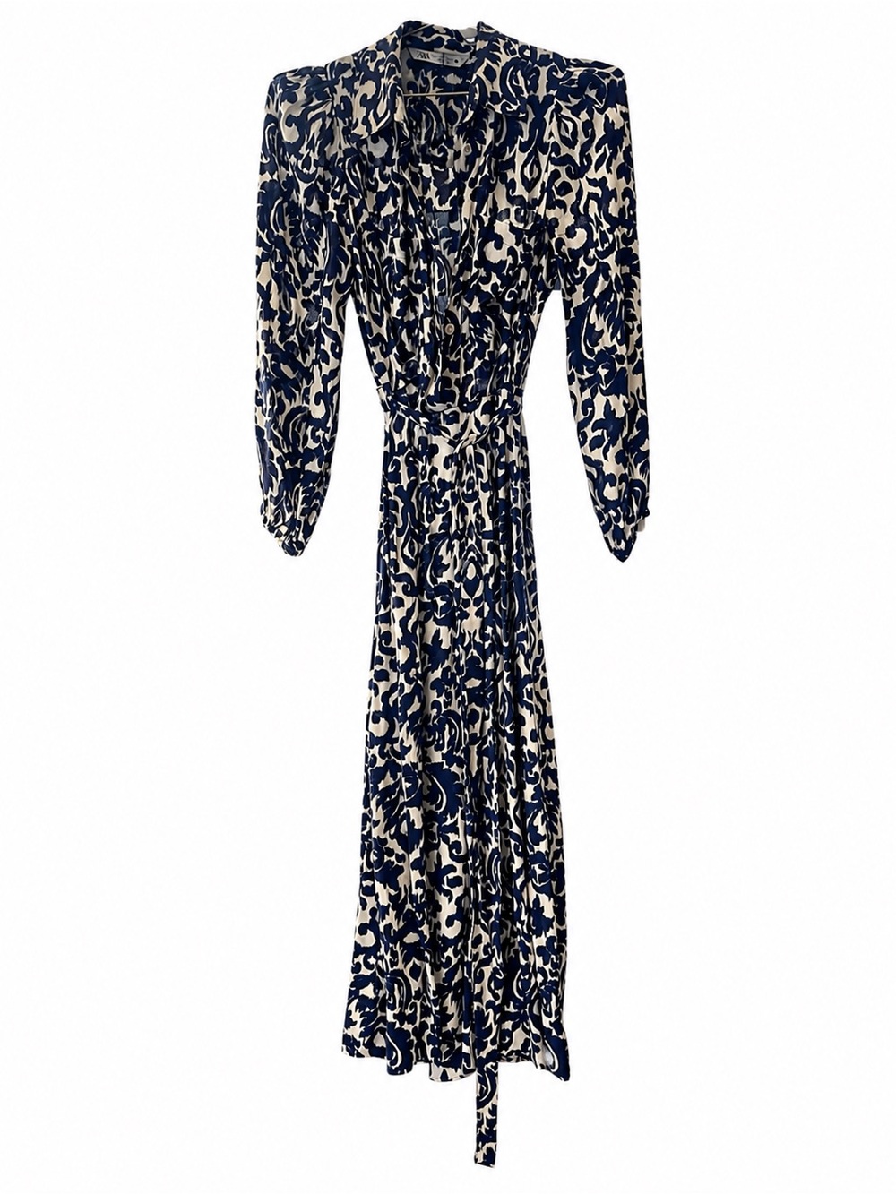 Zara Navy and Cream Printed Long Sleeve Midi Dress